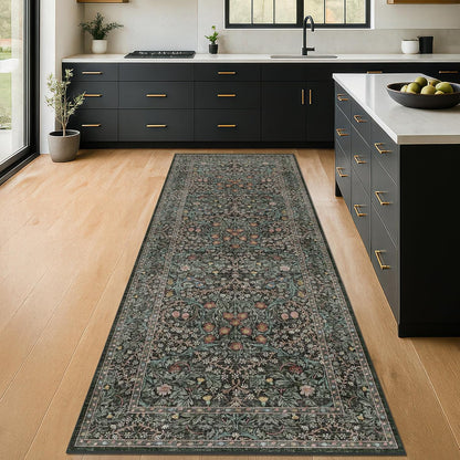Boho Vintage Floral Kitchen Runner Rug - Non-Slip, Washable Rubber Backed | Dark Green Low Pile Carpet for Entryway & Hallway