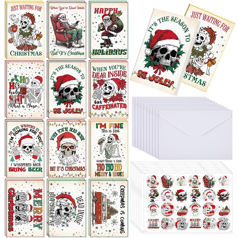 Skeleton Christmas Cards Bulk Set 24 with Envelopes — 12 Designs, 4x6 inches, Blank Inside (Variation: 24+Vintage Christmas Skeleton)