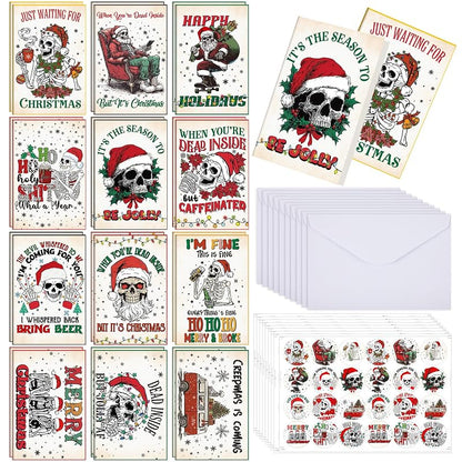 Skeleton Christmas Cards Bulk Set 24 with Envelopes — 12 Designs, 4x6 inches, Blank Inside (Variation: 24+Vintage Christmas Skeleton)