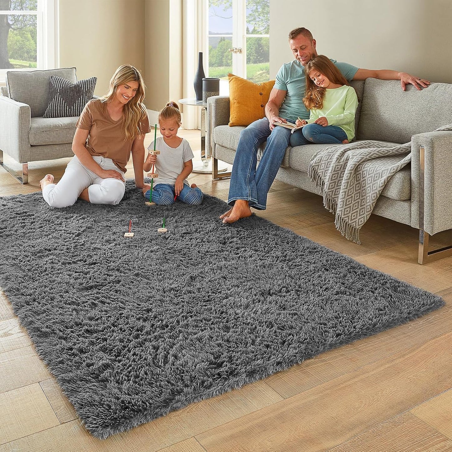 Ophanie 5x7 Grey Area Rug - Fluffy Shag Plush Soft Carpet for Living Room & Bedroom Decor