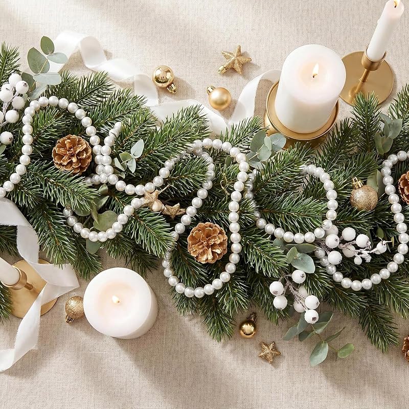 6 Pack 72ft Pearl Garland for Christmas Tree Decor – 12mm Beads, Large Pearl Strand