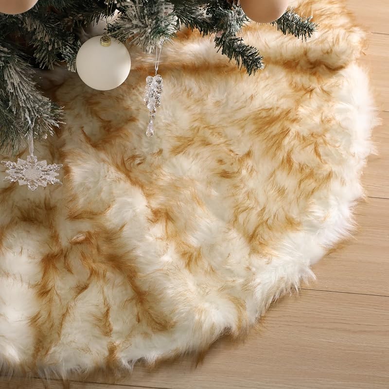 Halloscume 48-Inch Faux Fur Christmas Tree Skirt - Thick, White with Yellow Tip - Variation of THIS listing