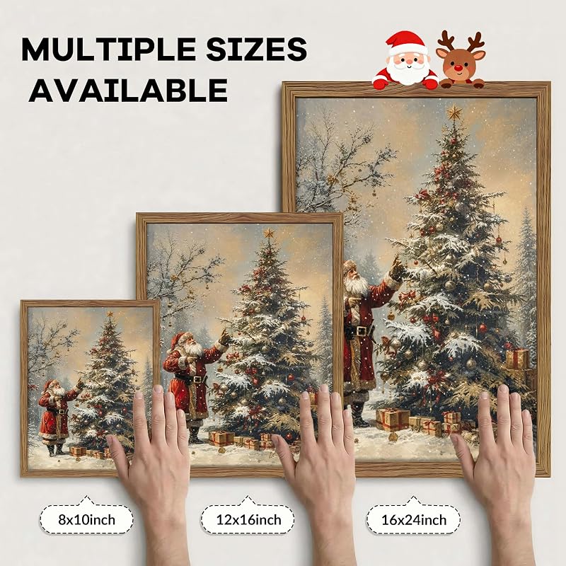 Framed Santa Claus & Christmas Tree Vintage Wall Art, 12x16 Natural Wood Frame
