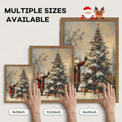 Framed Santa Claus & Christmas Tree Vintage Wall Art, 12x16 Natural Wood Frame