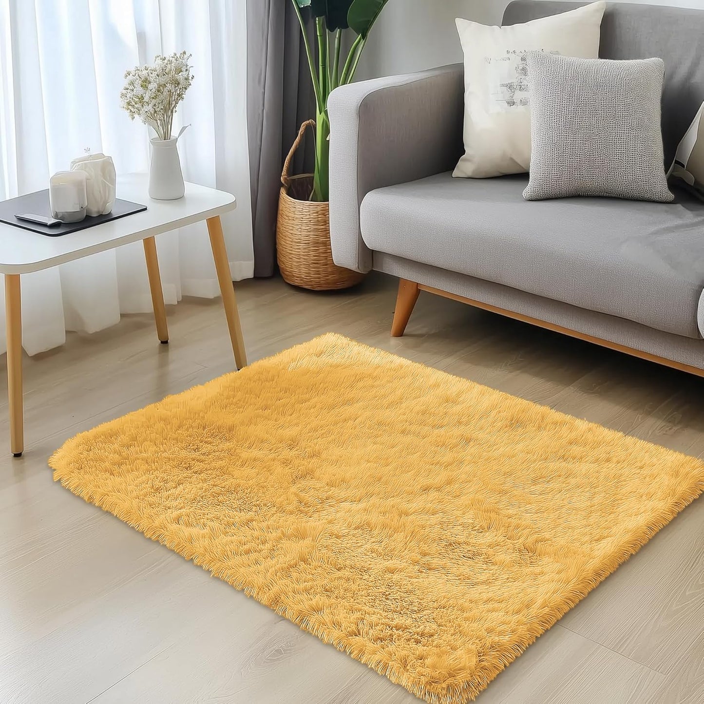 OLANLY Small Bedside Rug - Soft Fluffy Shaggy Throw Rug for Bedroom & Living Room | Mustard Yellow