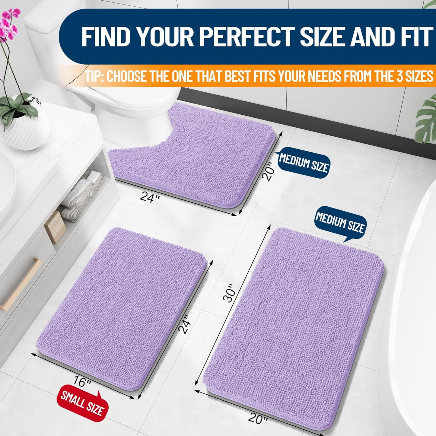 OLANLY U-Shaped Toilet Rugs - Extra Soft Chenille Bathroom Mat, Quick-Dry & Non-Slip, 24x20, Lavender