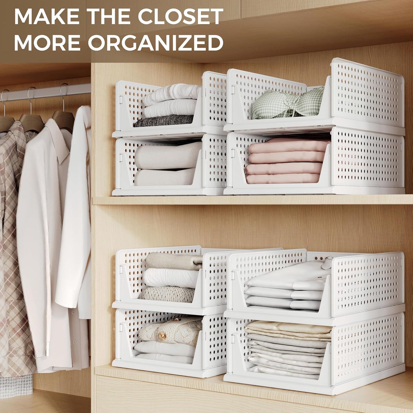 Pinkpum 6-Pack Closet Organizers - Stackable Plastic Storage Bins for Clothing & Accessories | White