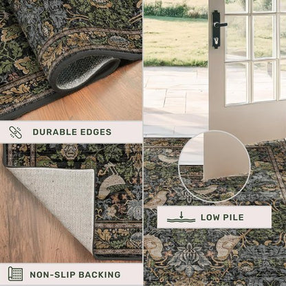 Hazo Haus Washable Floral Rug - Vintage Dark Botanical Design | Small 2x3 Indoor Mat in Earthy Tones