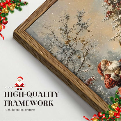 Framed Santa Claus & Christmas Tree Vintage Wall Art, 12x16 Natural Wood Frame
