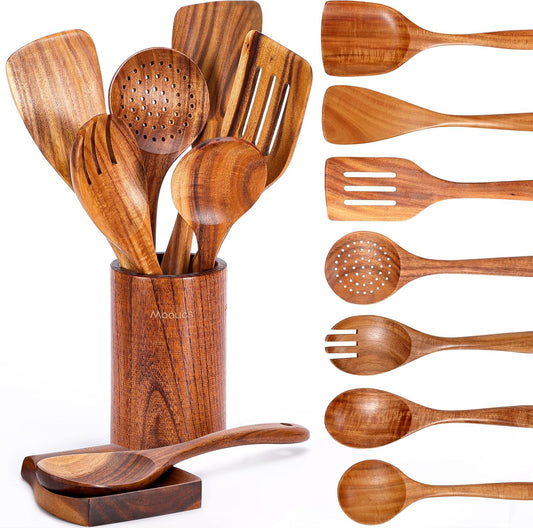Mooues 9-Piece Natural Teak Wooden Kitchen Utensil Set - Comfort Grip Cooking Tools with Spoon Rest