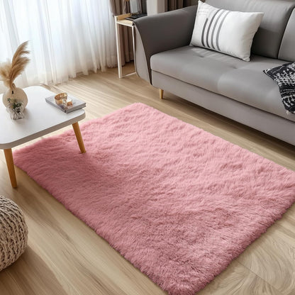 OLANLY Soft Fluffy Shaggy 3x5 Bedside Rug - Machine Washable Indoor Carpet for Kids & Nursery | Pale Pink
