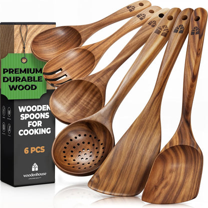 Skiennix Wooden Cooking Spoons Set - 6 Pcs Teak Wood Utensils with Comfortable Grip & Non-Stick Design