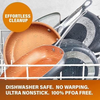 GOTHAM STEEL - 6 Quart XL Nonstick Copper Deep Square All in One 6 Qt Casserole Chef’s Pan & Stock Pot- 4 Piece Set, Includes Frying Basket and Steamer Tray, Dishwasher Safe,Brown