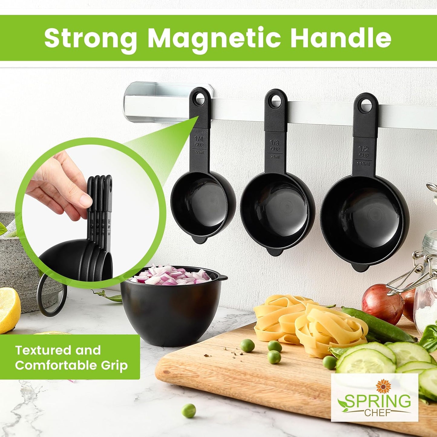 Spring Chef Magnetic Measuring Cups & Spoons Set - Nesting Kitchen Tools with Easy-to-Read Markings, BPA-Free, Black