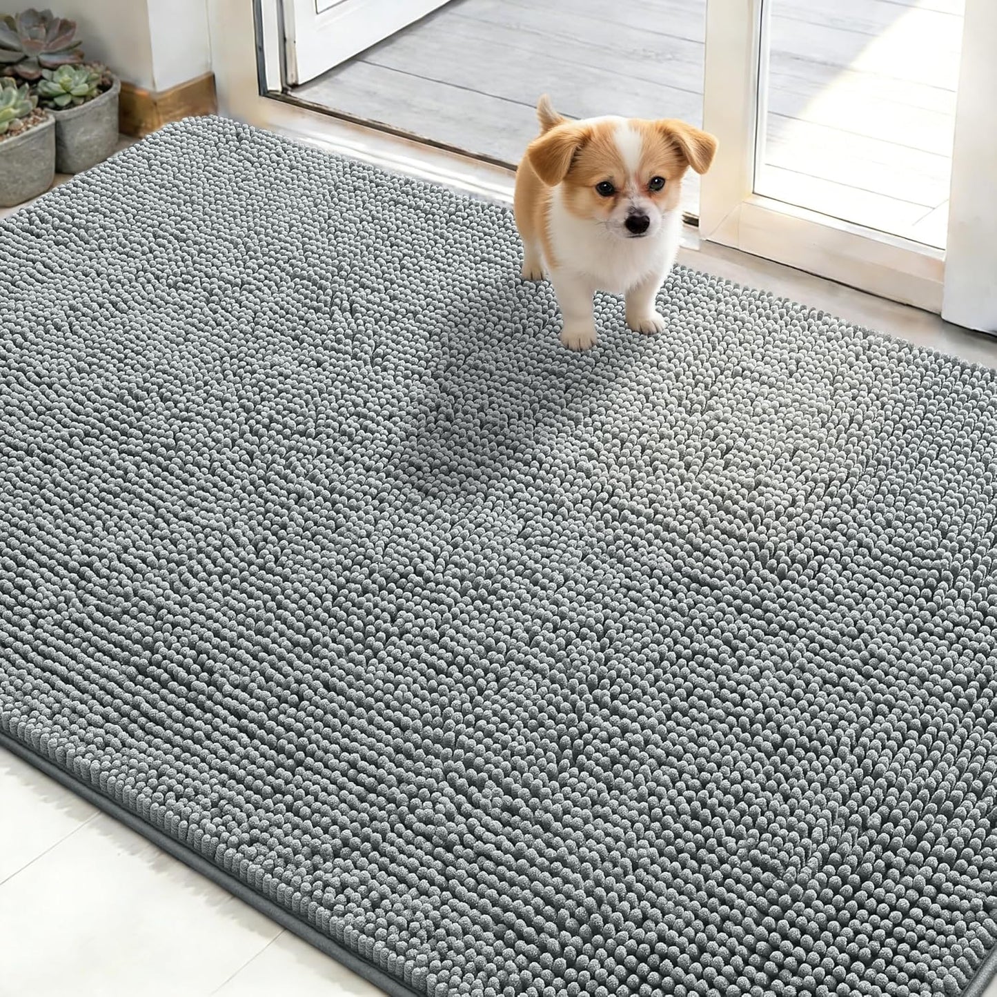 OLANLY Dog Door Mat - Absorbent Non-Slip Mud Mat for Dogs | Quick Dry Chenille, 48x30, Grey