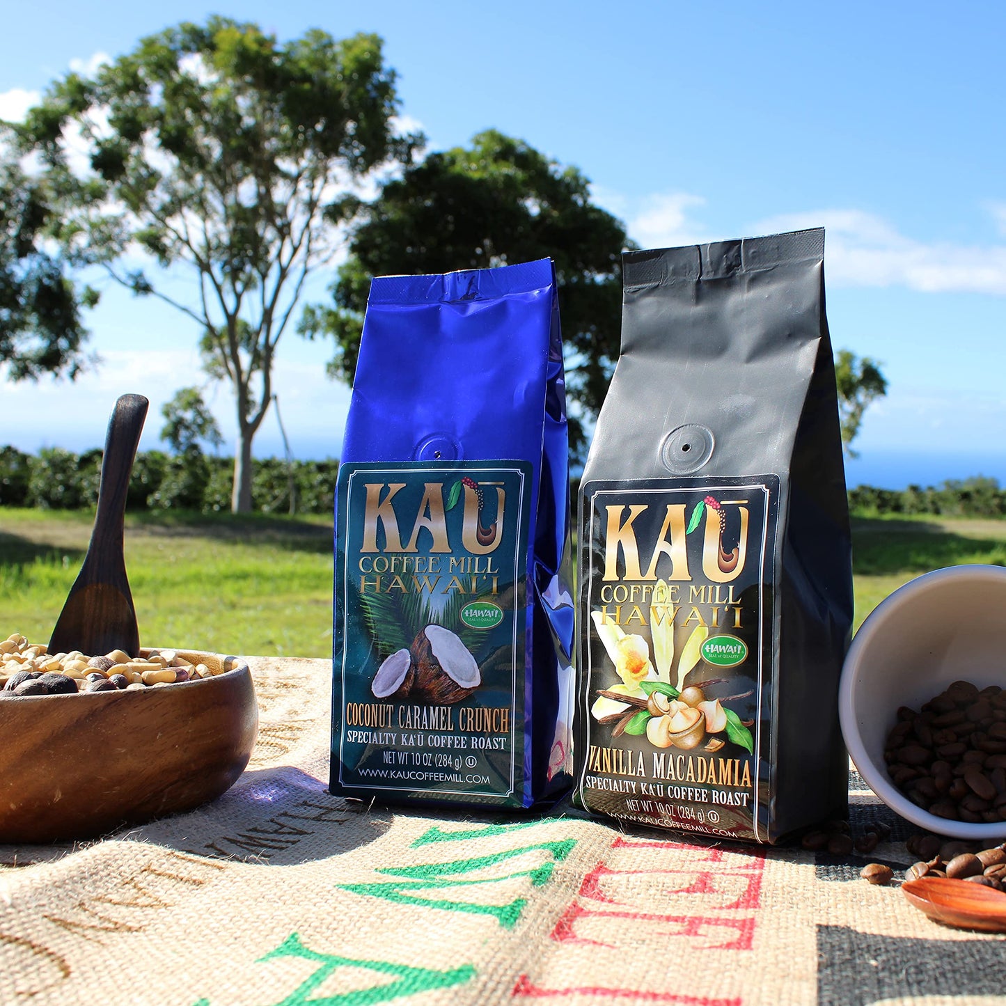 Ka'u Coffee Mill Vanilla Macadamia Nut Flavored Ground Coffee - Handcrafted Hawaiian Flavor Coffee Roast - Pure Kau Coffee - Handpicked Hawaii Grown Arabica Beans - Gourmet Small Batch Coffee - 10oz