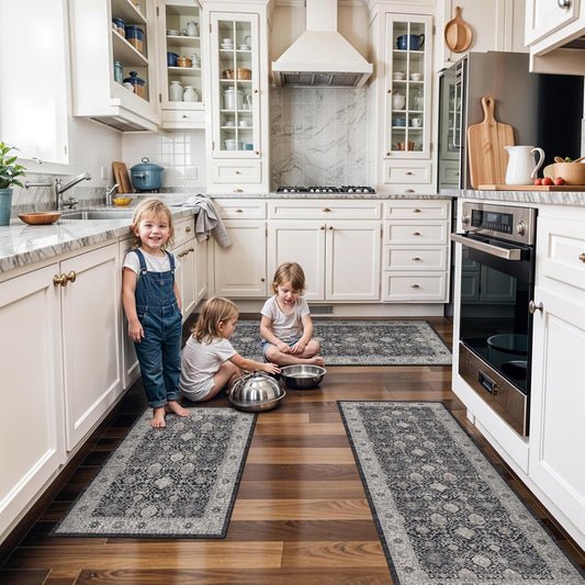 Skiennix Washable Kitchen Floor Mats - Non-Slip Water-Resistant Runners | Soft Decorative Rugs (2x3, 2x4, 2x5, 2x6, Black)