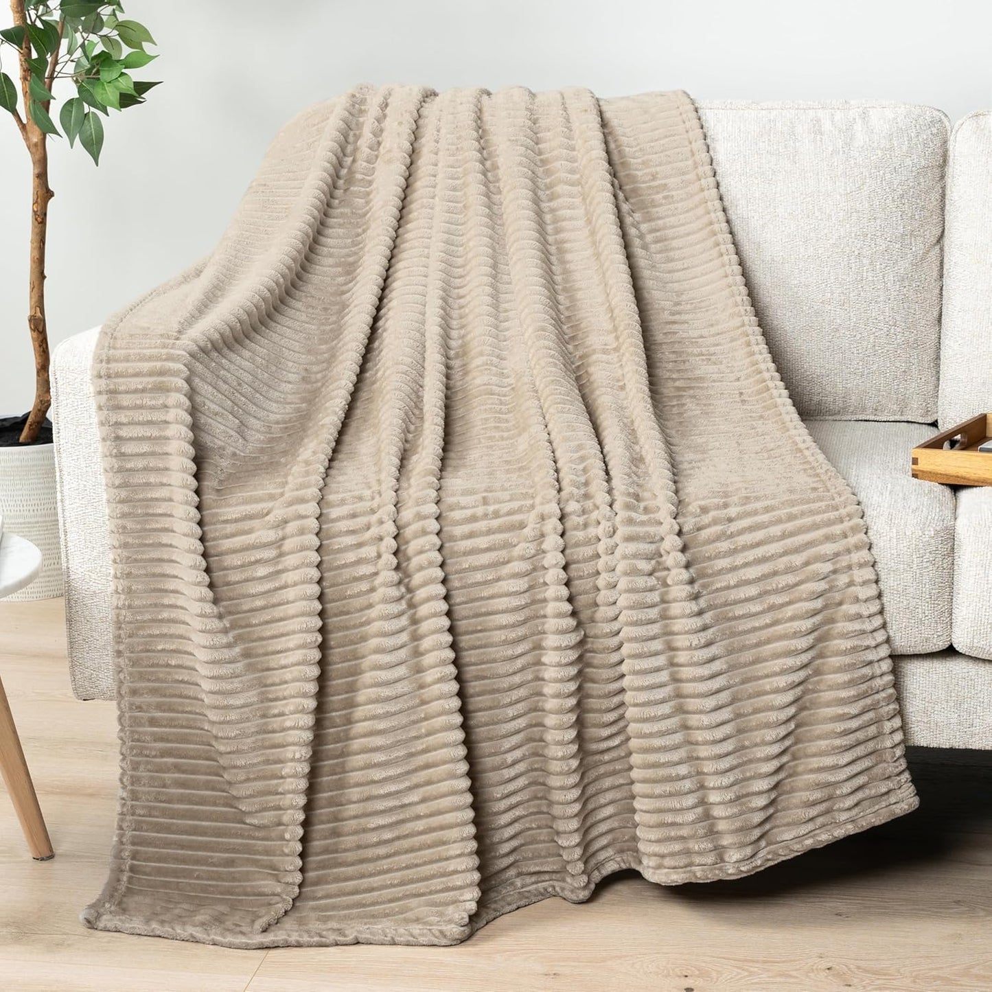 PAVILIA Cozy Fleece Bed Blanket King - Super Soft Plush Luxury Flannel Throw | Warm Ribbed Microfiber (Taupe Tan, 90x108 Inches)
