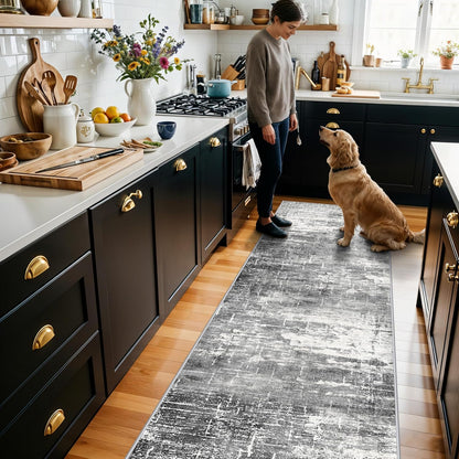 Skiennix Washable Kitchen Area Rug - Non-Slip, Water-Resistant Soft Carpet | 2x5 ft, Black/Grey