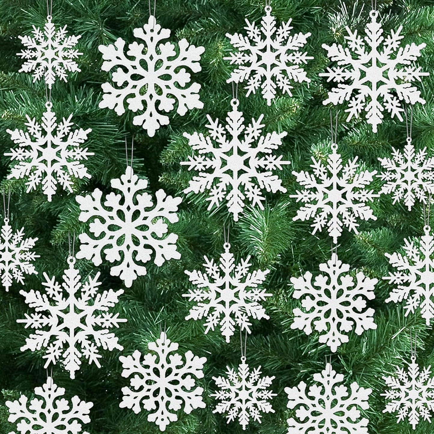 Skiennix 24PCS Snowflake Ornaments - White Glitter Christmas Tree Decorations for Winter Wonderland Decor