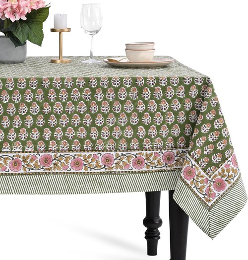 CPC Tablecloth - 100% Cotton Indian Block Print | Jade Green 60x90 Inch Rectangle for Weddings & Parties