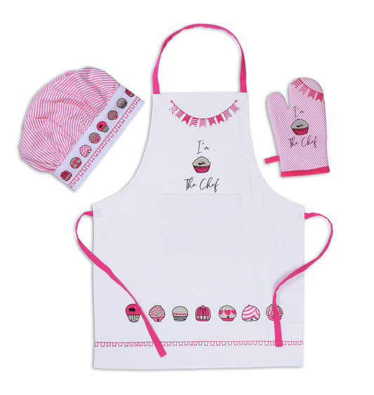 AMOUR INFINI Cupcakes Baking 3-Piece Kitchen Set Cotton Kid's Aprons, Oven Mitts, and Chef Hats Kitchen Play,Cooking,Grilling,Baking Gift for Girls, Boys & Junior Chefs Heat Resistant Reusable