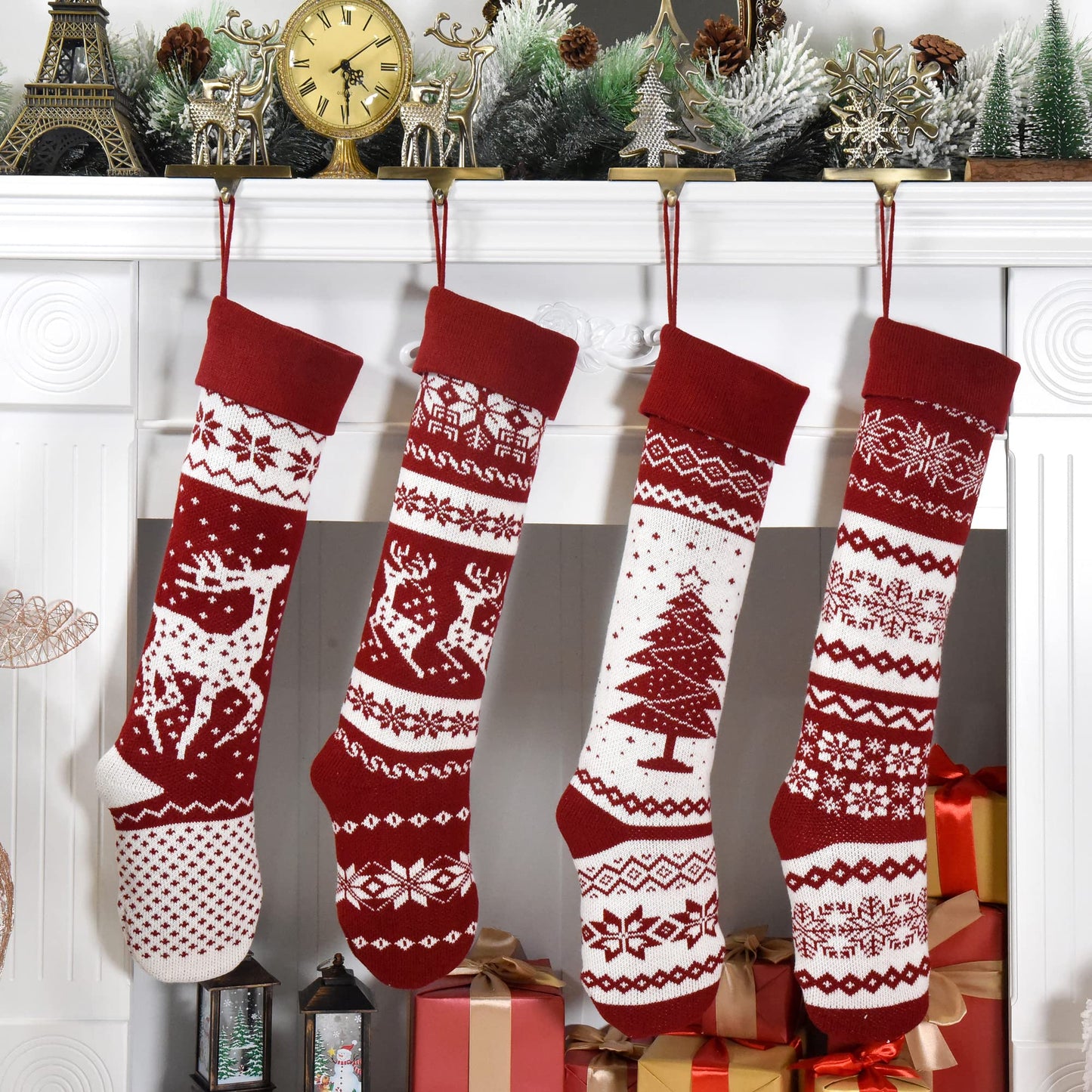 26-Inch Large Nordic Style Knitted Christmas Stockings in Burgundy/White for Stuffers & Mantel, Wall, & Staircase Decoration