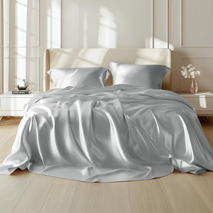 Bedsure Satin Sheets Set - Luxurious Silver Grey Queen Size with Matching Pillowcases