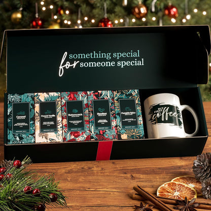 Skiennix Coffee Gift Set - 5 Gourmet Ground Coffee Flavors with Mug | Unique Christmas Present for All