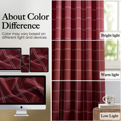 NICETOWN 100% Blackout Red Plaid Farmhouse Curtains 84 Inch Long 2 Panels Set for Living Room Checkered Drapes Thermal Insulated Privacy Protection Rod Pocket Back Tab, 52" W