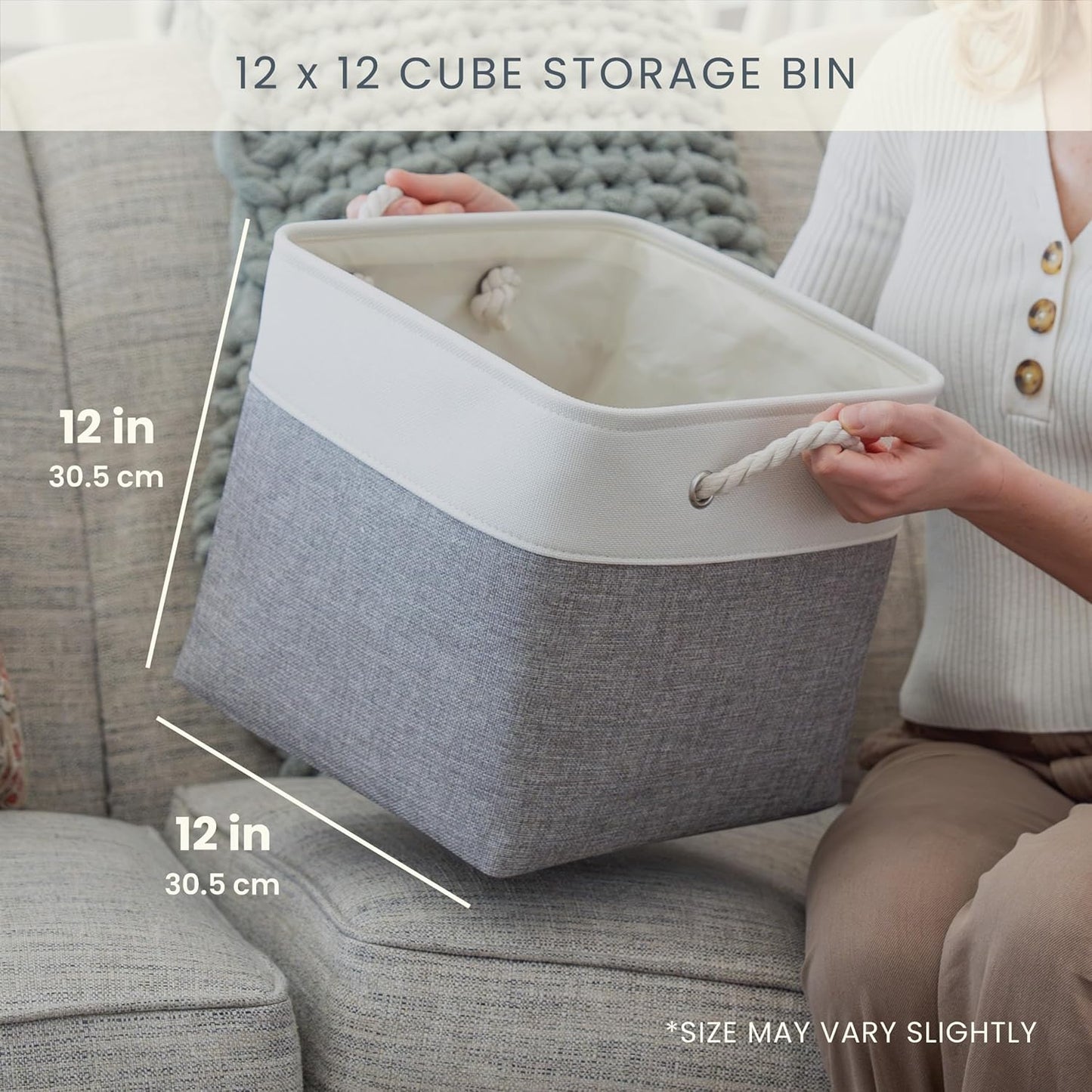 OrganiHaus 12x12 Cube Storage Bins - Foldable Fabric Organizers with Rope Handles | 4-Pack Off-White