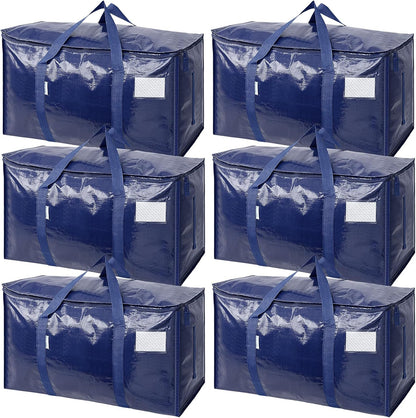 TICONN Extra Large Heavy-Duty Moving Bags - Durable Zippered Storage Bags with Handles | 6 Pack, Navy