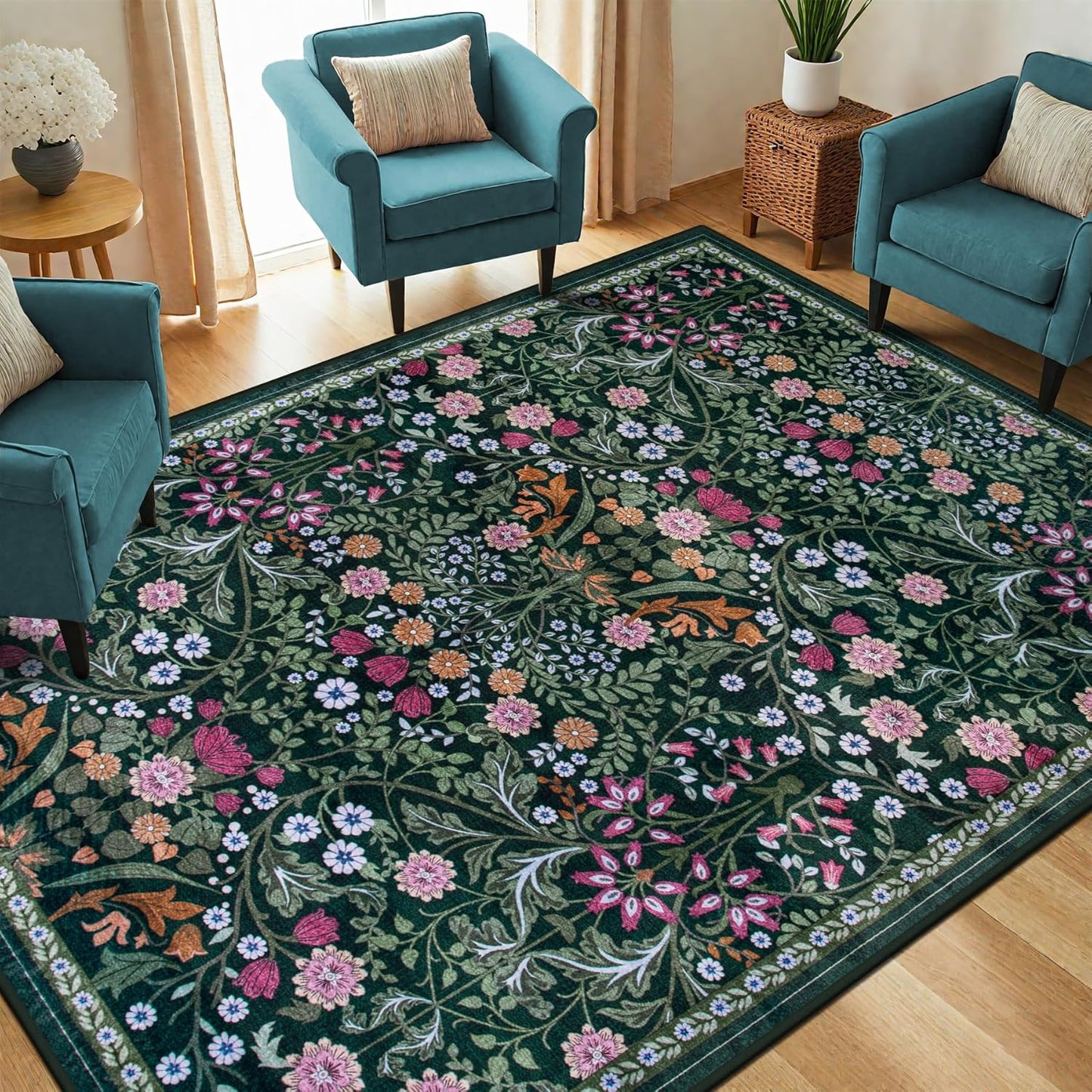 Skiennix 6x9 Area Rug - Vintage Floral Design | Washable, Soft, Non-Slip, Stain Resistant - Dark Green