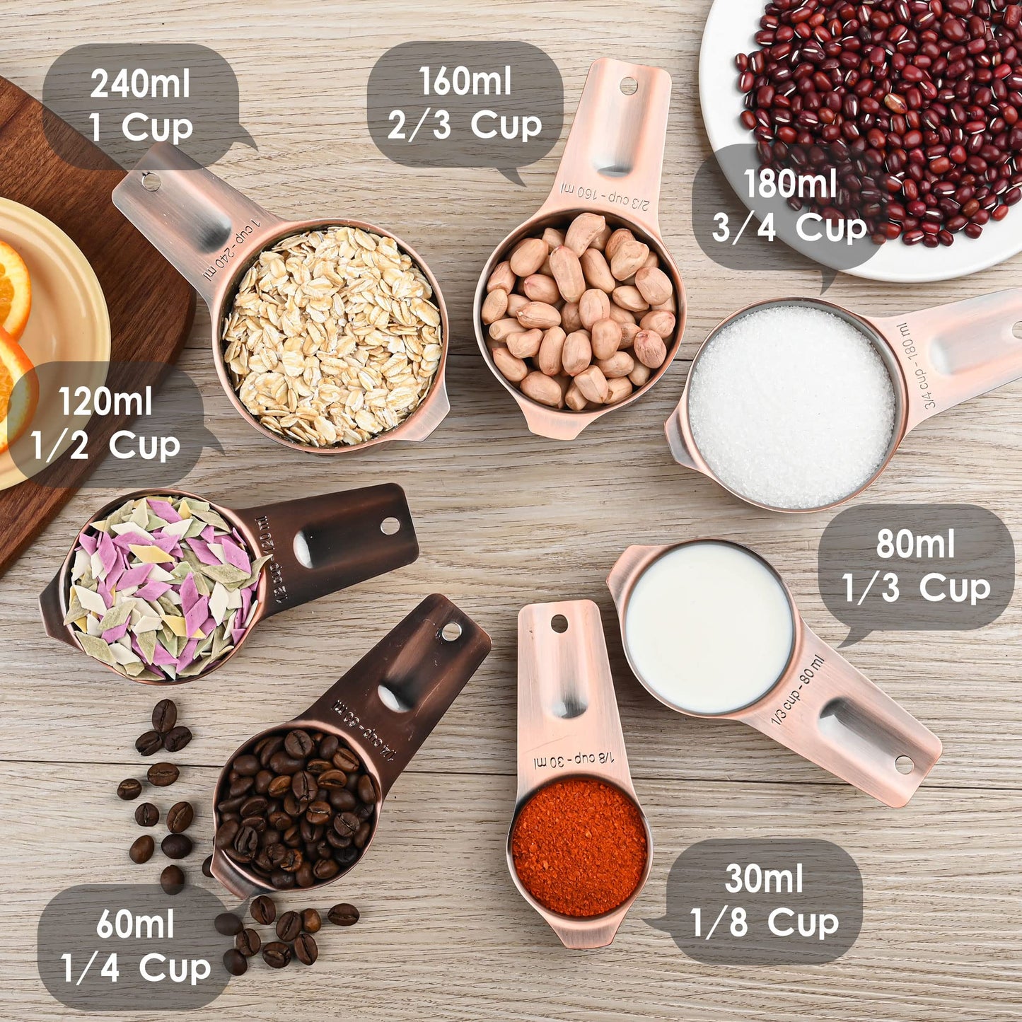 Viwehots Measuring Cups and Spoons Set, Copper Plated Measuring Cups Spoons, Stainless Steel 7 Measuring cups and 9 Measuring Spoons 1 Leveler for Baking and Kitchen, Metal Copper Measure Cups&Spoons
