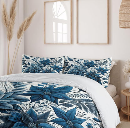 Ambesonne Night Blue Duvet Cover Set with Monochrome Poinsettia Flowers - Queen, 3-Piece