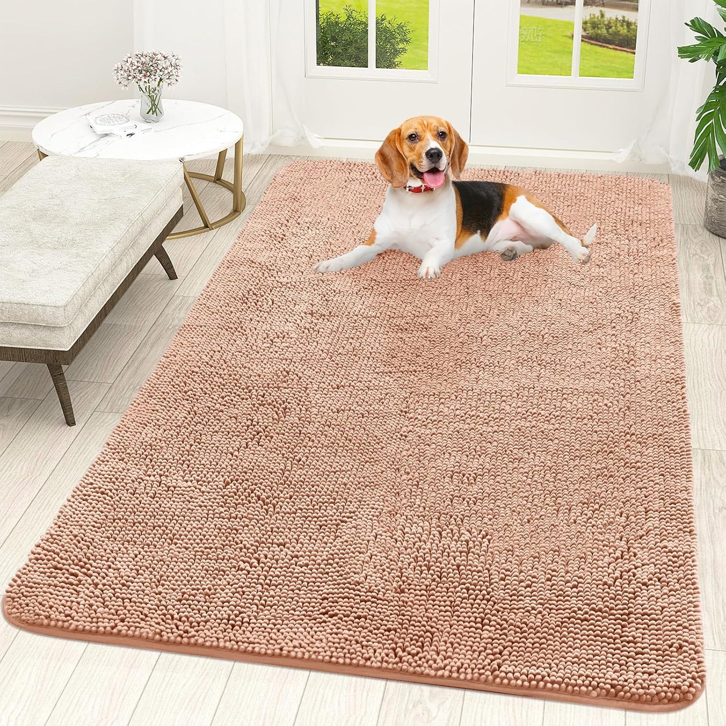 OLANLY Dog Door Mat - Absorbent Non-Slip Washable Doormat for Muddy Paws | 59x35, Quick Dry Chenille, Peach