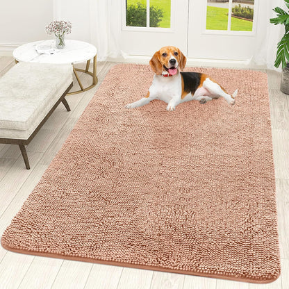 OLANLY Dog Door Mat - Absorbent Non-Slip Washable Doormat for Muddy Paws | 59x35, Quick Dry Chenille, Peach