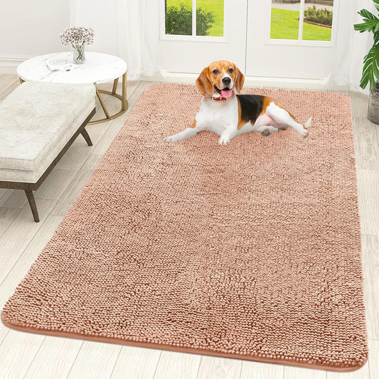 OLANLY Dog Door Mat - Absorbent Non-Slip Washable Doormat for Muddy Paws | 59x35, Quick Dry Chenille, Peach