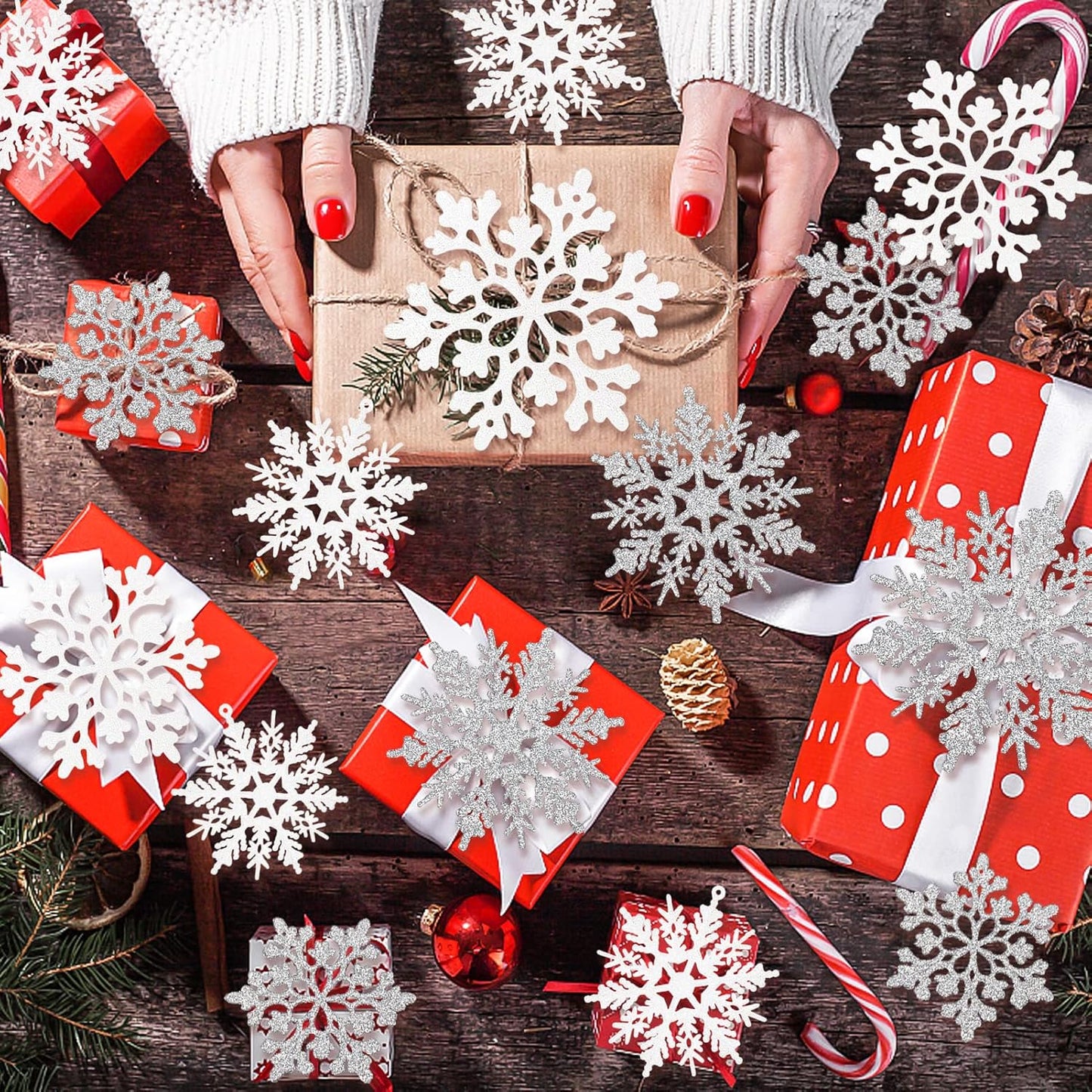 Skiennix Christmas Snowflake Ornaments - 36 Pcs Glittering White & Silver Hanging Decor for Holiday Home & Parties