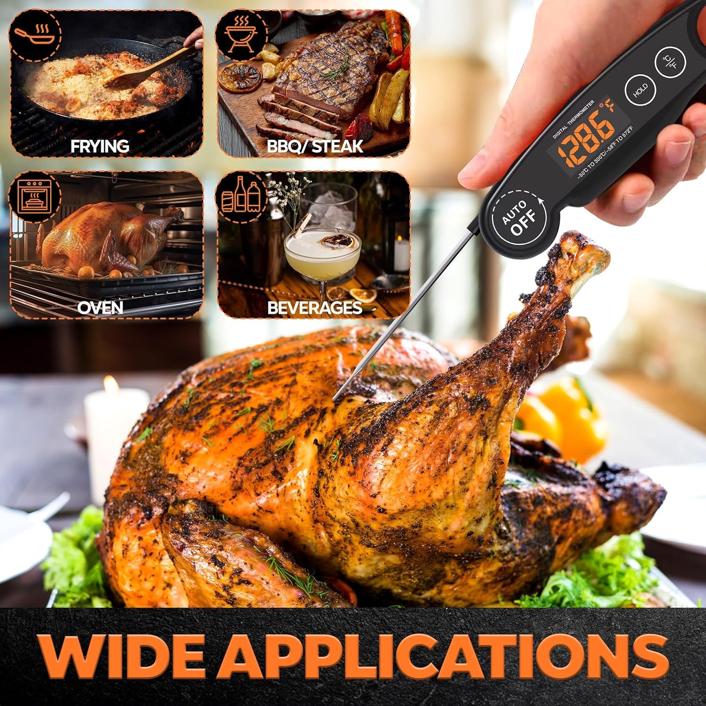 Skiennix Instant Read Food Thermometer - Rechargeable Digital Meat Thermometer for Cooking & BBQ | Waterproof