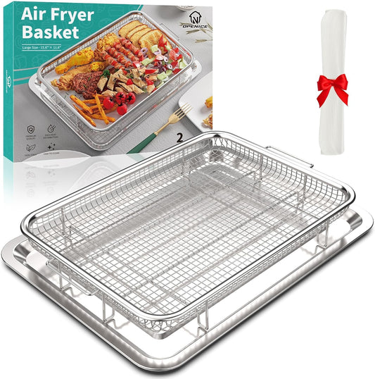 OPENICE Large Air Fryer Basket - 15.3" x 11.0" Stainless Steel Tray with 30PCS Parchment Papers for Baking & Grilling