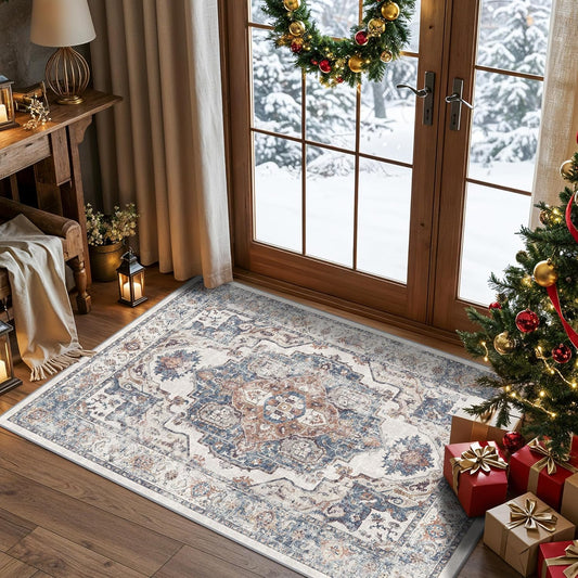Skiennix Washable Area Rug - Non-Slip, Water-Resistant Kitchen & Bathroom Mat | 3x4, Brick Color