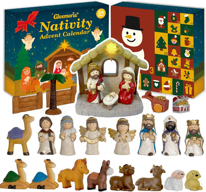 Nativity Advent Calendar 2025 - Light-Up 24-Day Nativity Scene Set with Resin Figures for Kids