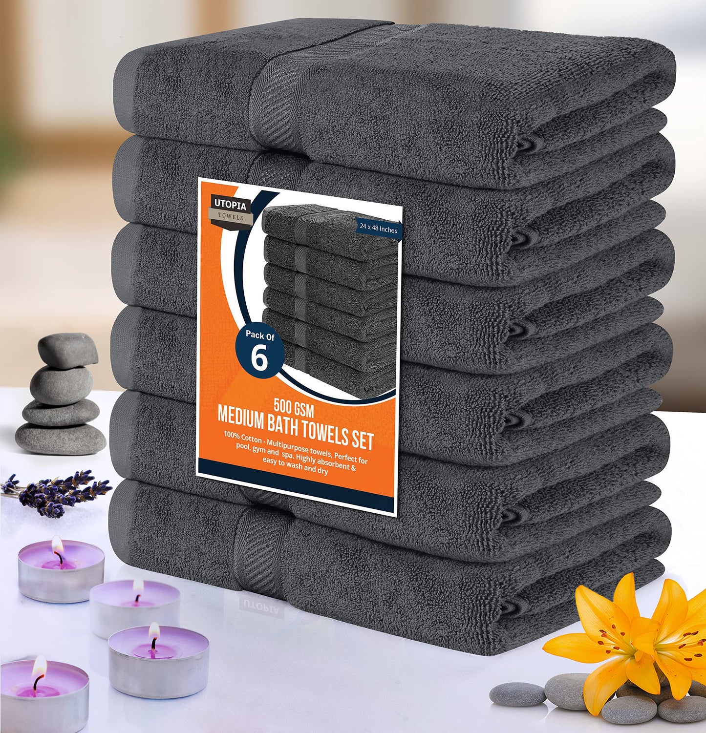 Utopia Towels 6 Pack Small Bath Towel Set, 22 by 44 Inches, 500 GSM 100% Ring Spun Cotton, Lightweight and Highly Absorbent Quick Drying Premium Towels for Hotel, Spa and Bathroom, Dark Grey
