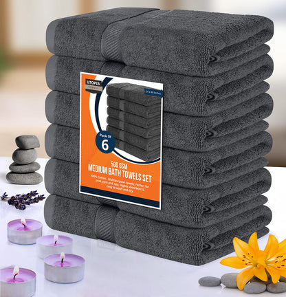 Utopia Towels 6 Pack Small Bath Towel Set, 22 by 44 Inches, 500 GSM 100% Ring Spun Cotton, Lightweight and Highly Absorbent Quick Drying Premium Towels for Hotel, Spa and Bathroom, Dark Grey