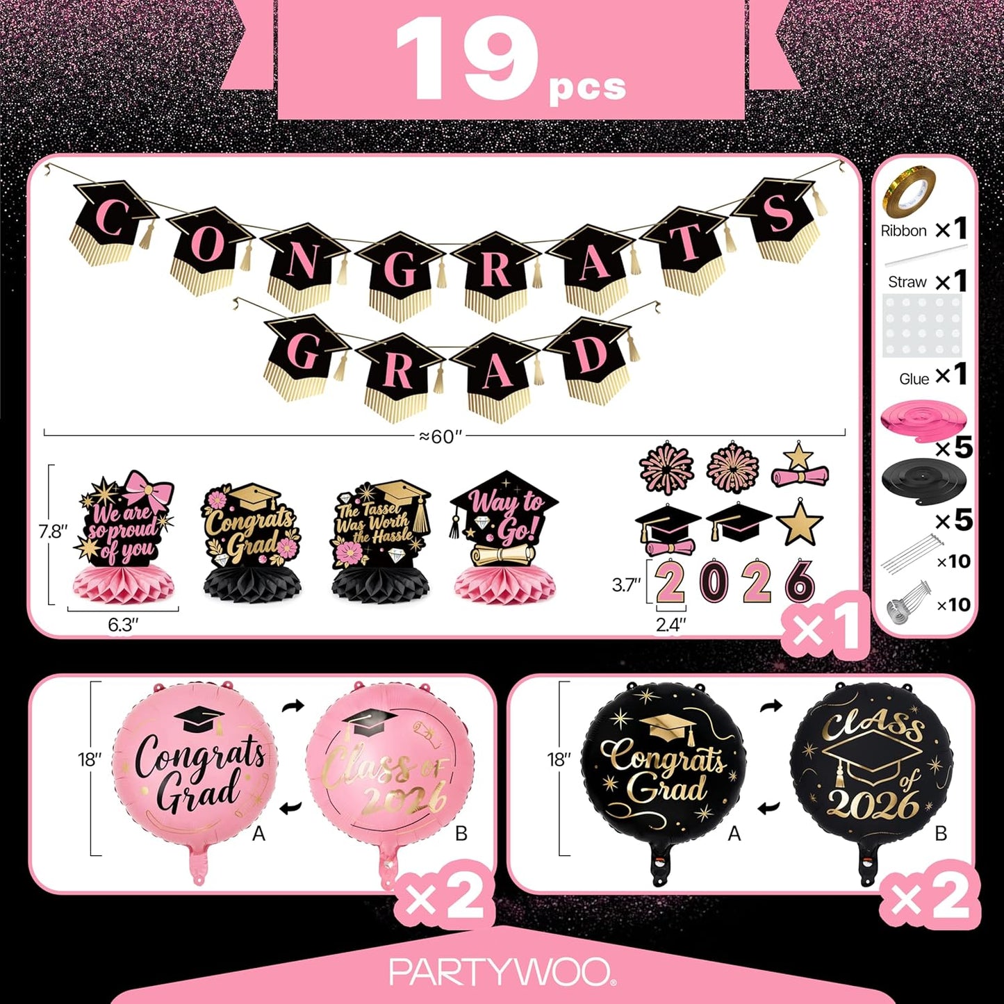 PartyWoo Graduation Decorations - Class of 2026 Black, Gold & Pink 19-Piece Set with Banner & Balloons