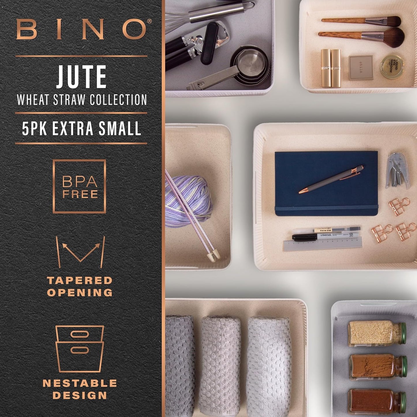 BINO Woven Plastic Basket - Stylish Home Organization | XS Natural Grey, 5-Pack | Jute Collection