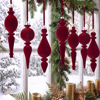 Jetec 12 Pcs Red Velvet Christmas Ornaments with 3 Styles – Flocked Holiday Tree Decorations, Burgundy