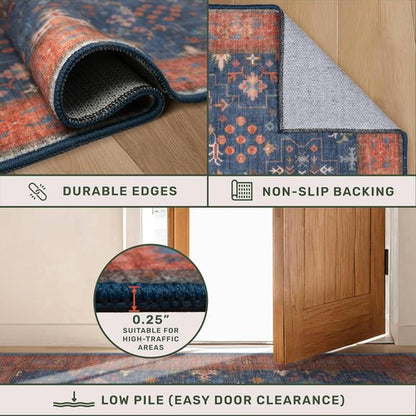 Hazo Haus Dark Blue & Terracotta 5x8 Area Rug - Machine Washable, Non-Slip, Stain Resistant for Living Room, Bedroom & Kitchen