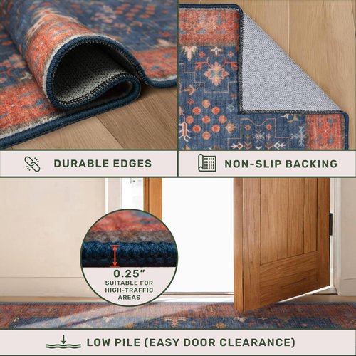 Hazo Haus Navy Blue Runner Rug 2x7 for Kitchen, Hallway, Mudroom, Laundry Room, Bathroom, Washable Non Slip Non Skid Rubber Backing Low Pile Stain Resistance